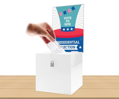 Acrylic Donation Box with Lock and Sign Holder White Acrylic Ballot Collection Bin 8" Locking Suggestion Fundraising Bar School Voting Countertop Piggy Bank by Marketing Holders - size: 8.25"W x 8.25"D x 20.5"H