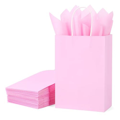 SUNCOLOR 24-Pack Pink Gift Bags with Handles, 8" Small Kraft Paper Goodie Bags, Includes Tissue Paper for Baby Showers, Birthdays, Bridal Showers - color: Pink