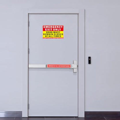 Emergency Exit Only Sign, (2 Pack) Self Adhesive Emergency Exit Sign Sticker for Door, Rust Free and Reflective Aluminum Metal Signs for Wall (9 x 6 inches, Red/Yellow) - color: Red /Yellow