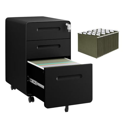 3 Drawer Mobile File Cabinet with Lock, 4 Keys and 25 Letter File Folders - color: Black, size: 23.8"H*15.7"W-3 Drawers(25 letter folders)