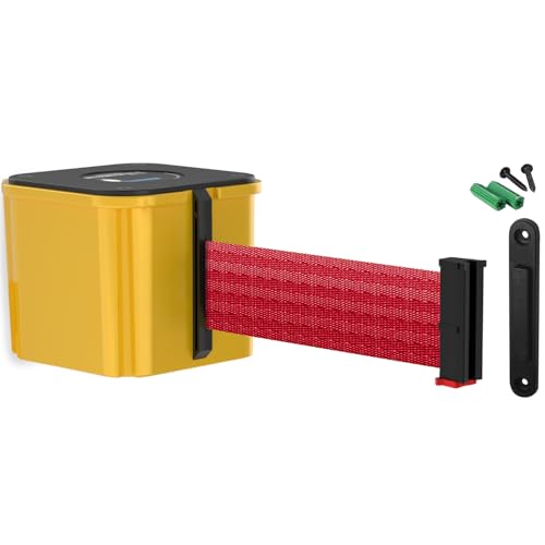 WM412 Retractable Belt Wall Mounted Yellow Crowd Control Barrier and Receiving End, 15' Red Belt - color: Yellow Case w/ Red Belt, size: 15' Belt