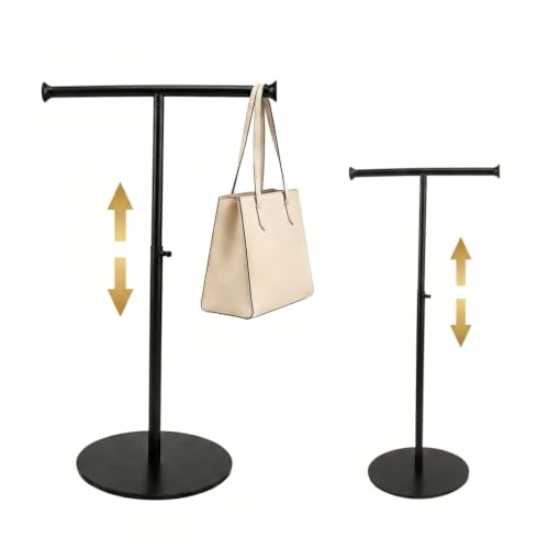1 Pack Black Stainless Steel T Bar Purse Display Stand, Adjustable 15 to 24 Inch Height Tabletop Handbag Holder, Countertop Hanging Rack for Necklace Scarf Lanyard Jewelry Closet Boutique