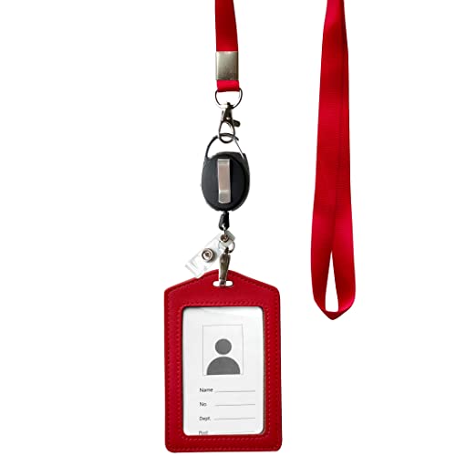 ID Card Case + Heavy Duty Lanyard (Red)+ Badge Holder Retractable Reel Carabiner and Plastic Clip (Soft Genuine Leather Case) - color: Red