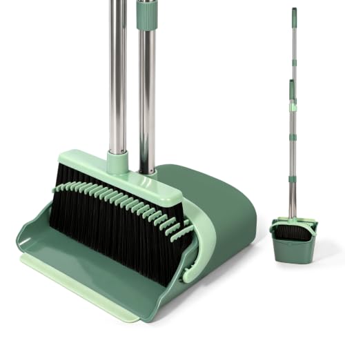YZO Broom and Dustpan Set, 54.33 Inch Long Handle Standing Design, Dustpan Front Rubber Tight Seal, Broom with 5 Layer Bristles, Suitable for Living Room, Bedroom, Yard, Office (Green) - color: Green