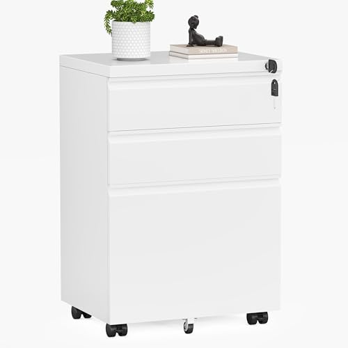 INTERGREAT 3 Drawer Mobile File Cabinet with Lock, Metal Filing Cabinets for Home Office, Rolling Under Desk Organizer for Letters/Legal/A4, (Fully Assembled-White) - color: White, size: 3 Drawers-Mobile