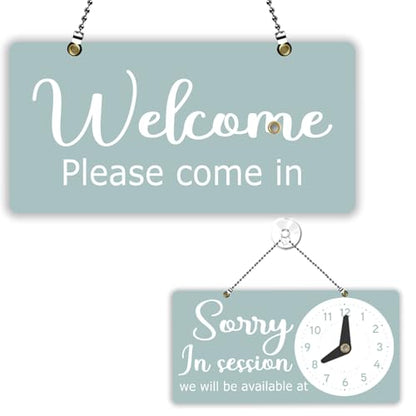 PLIGREAT Welcome Open Sign, Double Sided Open Sign with Clock Sorry In Session Signs for Office Business Retail Store Window Wall Decor Hanging Door Signs with Chain, Blue White - style: In Session