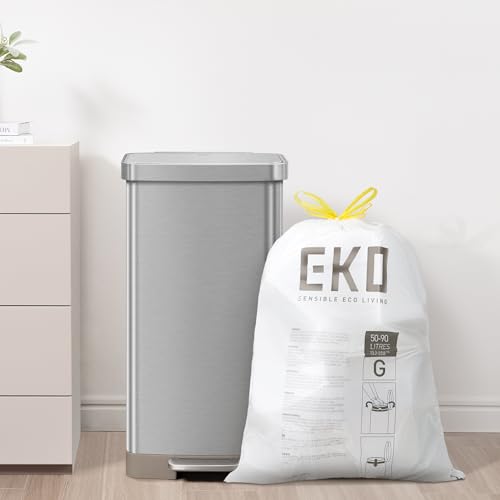 EKO 21 Gallon / 50-90 Liter, 60 Count Drawstring Trash Bags, Extra-Strong Garbage Bags, Lavender Scent with Continuous Odor Control, Easy-Dispense Roll for Kitchen and Household Use, Code G, White - size: 60 Count (Pack of 1), style: 21 Gallon Bags/Code G