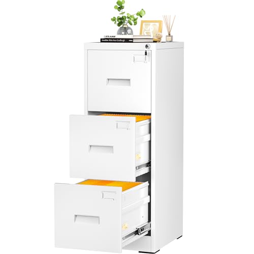 INTERGREAT 3 Drawers File Cabinet with Lock, 18" D Metal White Vertical Filing Cabinet for Hanging Folders, Easy Assemble - color: White, size: 3 Drawers-Vertical