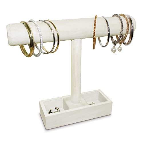 MOOCA Wooden Jewelry Display Bracelet Holder Display, 2- Compartment Tray - color: 7) Wash White, w/Tray-1pc