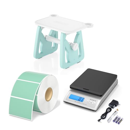 MUNBYN Label Holder for Rolls and Fanfold Labels+2.25"x1.25" Green Thermal Sticker Labels+Shipping Scale, Accurate 66lb/0.1oz Postal Scale
