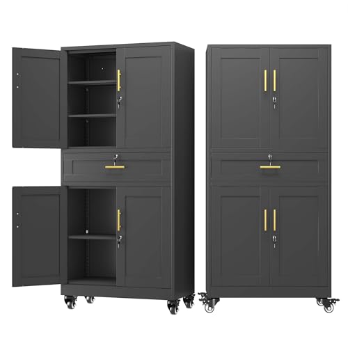 pozdeg 74" Black Lockable Rolling Metal Garage Storage Cabinet - color: Black