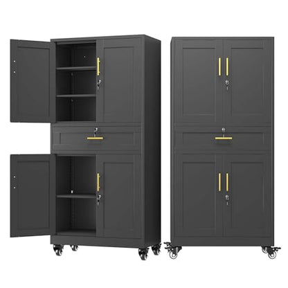 pozdeg 74" Black Lockable Rolling Metal Garage Storage Cabinet - color: Black