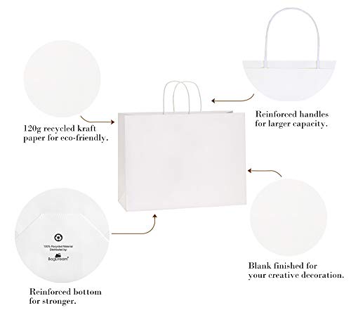 BagDream Kraft White Paper Bags with Handles 16x6x12 Inch Large 100Pcs Bulk - color: White