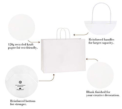BagDream Kraft White Paper Bags with Handles 16x6x12 Inch Large 100Pcs Bulk - color: White