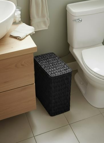 Wicker Trash Can with Lid & Liner, Small Bathroom Waste Basket, Black - color: black