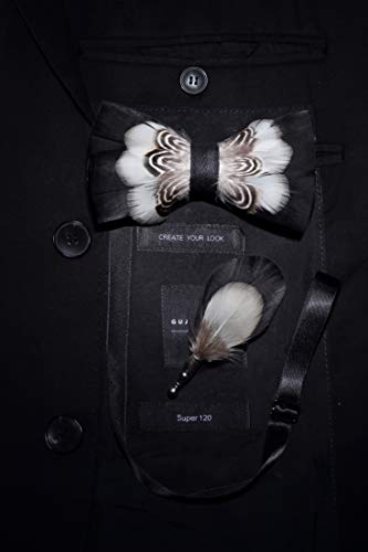RBOCOTT Handmade Feather Pre-tied Bow tie and Brooch Sets for Men - color: White/Black1