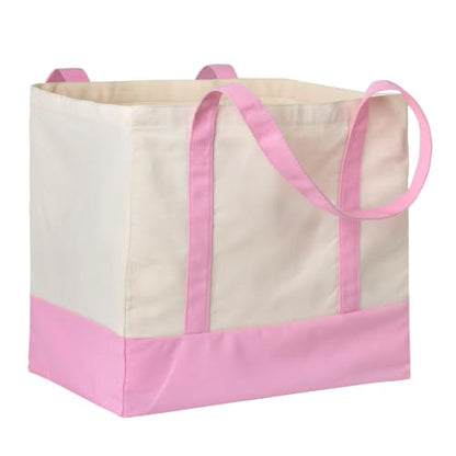 1-Pack Heavy Duty Canvas Reusable Grocery Bags, 8.3 Gal Foldable Large Tote with Handles, Washable Eco-friendly Bags with 5 Pockets, (Pink/Beige) - color: [A1] Off White / Pink/B, size: 1 Pack