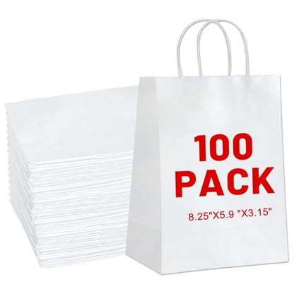 LIHOMR Gift Bags 5.9"x3.15"x8.25", 100pcs Kraft Paper Bag with Handles - color: White, size: 8.25 x5.9x3.15 Inch (Pack of 100)
