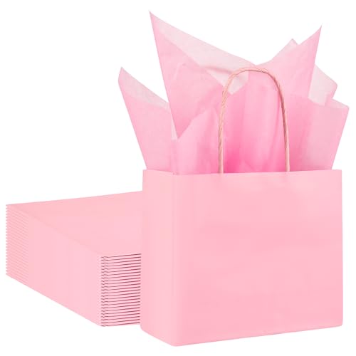 DjinnGlory 24 Pack Mini Tiny Small Pink Paper Gift Bags with Handles 6x5x2.5 Inch and 24 Tissue Paper for Wedding Baby Shower Princess Birthday Party Favors Goodies - color: Pink