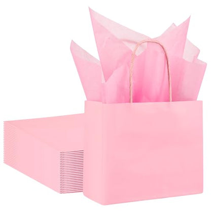 DjinnGlory 24 Pack Mini Tiny Small Pink Paper Gift Bags with Handles 6x5x2.5 Inch and 24 Tissue Paper for Wedding Baby Shower Princess Birthday Party Favors Goodies - color: Pink