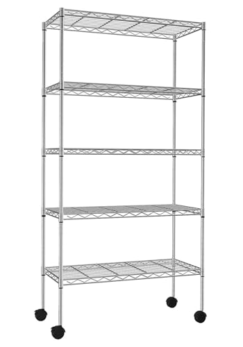 5 Tier Wire Shelving Unit with Wheels, 30 x 14 x 61 Metal Rack - color: Chrome, size: 13.9"D x 30"W x 61.2"H