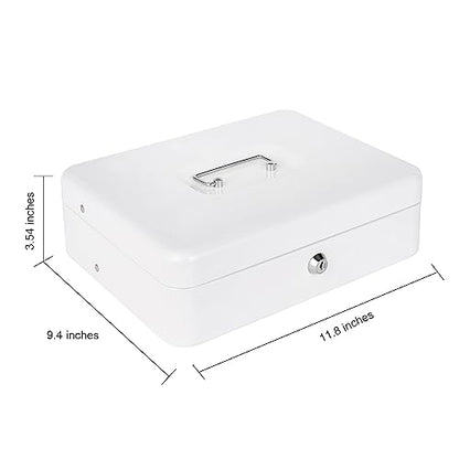 Large Cash Box with Money Tray and Lock Metal 11.8" x 9.4" x 3.54" Black + White