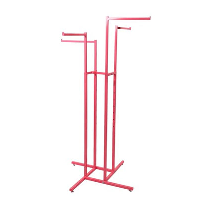 SSWBasics Hot Pink 4-Way Clothing Display Rack With Straight Arms- Durable Retail Clothing Rack for Boutique, Retail, and Thrift Stores - Sleek and Stylish Garment Display Stand