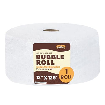 The Boxery 12 in x 125 ft Bubble Roll, Large Bubble 1/2 in Clear Cushioning Wrap, Perforated for Packing Moving Shipping Supplies - size: 12 in x 125 ft