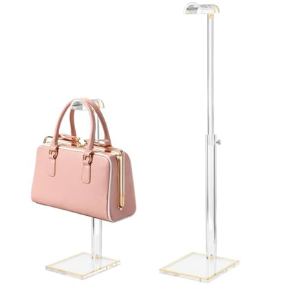 2 Pcs Acrylic Purse Display Stands for Display, Height Adjustable Handbag Stands with Gold Trim Base, Transparent Hanger Rack for Handbags, Totes, Scarves, Necklaces