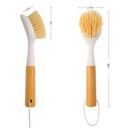 3 Pack Dish Brush Set with Bamboo Handle, Dish Scrubber Built-in Scraper, Kitchen Scrub Brush for Cleaning Cast Iron Cookware, Pans, Pots, Counter & Kitchen Sink (White)
