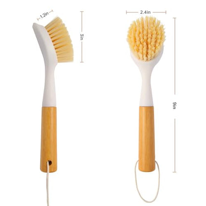 3 Pack Dish Brush Set with Bamboo Handle, Dish Scrubber Built-in Scraper, Kitchen Scrub Brush for Cleaning Cast Iron Cookware, Pans, Pots, Counter & Kitchen Sink (White)