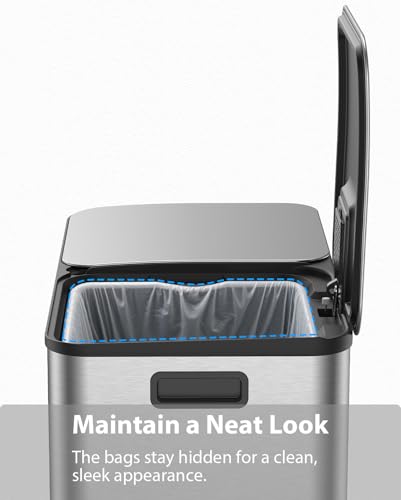 Dual Trash and Recycling Bins for Kitchen, 2×13 Gallon (2× 50L) Stainless Steel Trash and Recycle Bin Combo with Soft-Close Lid, Large Garbage Cans for Kitchen Home with 2 Magnets Sticker, Silver - color: Silver
