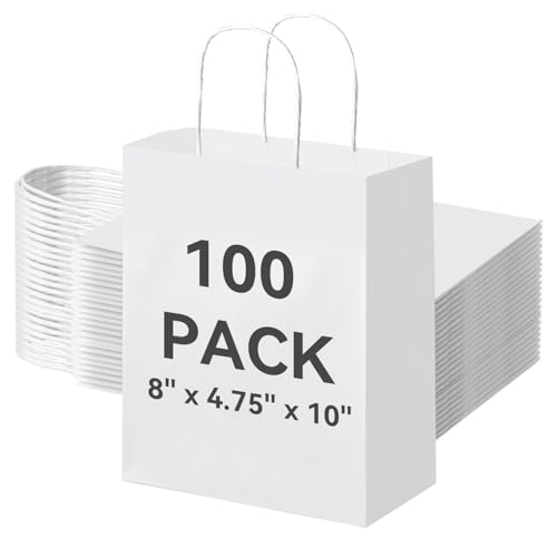 Brothersbox 100 Pack Paper Gift Bags with Handles, 8x4.75x10 Inch, White - color: White
