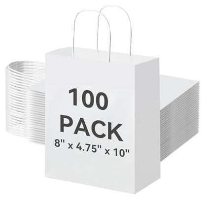Brothersbox 100 Pack Paper Gift Bags with Handles, 8x4.75x10 Inch, White - color: White