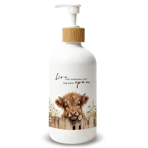 Farmhouse Highland Cow Glass Soap Dispenser, Daisy Floral Cow Dish Soap Dispenser for Kitchen, Live Like Someone Left the Gate Open Refillable Bathroom Handsoap Bottle with Pump - color: Live Like