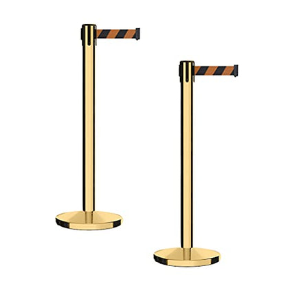 CCW Set of 2 Retractable Belt Barrier Stanchions, 7.5 Ft, Cast Iron Base - color: Black and Orange Diagonal, size: 7.5 Foot