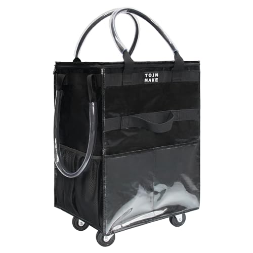 Reusable Grocery Bag with Wheels, Large Black Rolling Tote - color: Black, size: Large