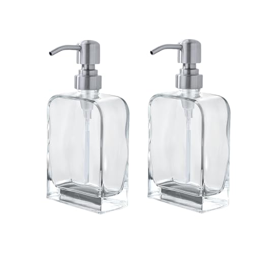 Glass Soap Dispenser with Rust Proof Stainless Steel Pump, Kitchen Hand and Dish Soap Dispensers 2 Pack Set, Refillable Hand Sanitizer Clear Soap Dispenser Bathroom Set, Brushed Nickel - color: Brushed Nickel, size: 2 pack - 11 oz