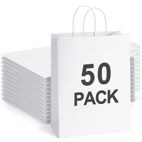 BagDream Kraft Paper Bags with Handles 10x5x13 Inch Large White 50 Pcs Bulk - color: White