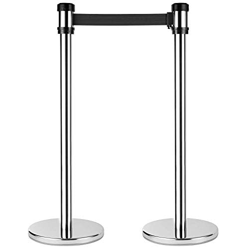Karat 38 inch height Guidance Stanchion, Guests Safety, Crowd Control with 6.5 foot Black Retractable Belt Easy Connect Assembly For your Store, Restaurant, Bulding- Set of 2 (Silver)