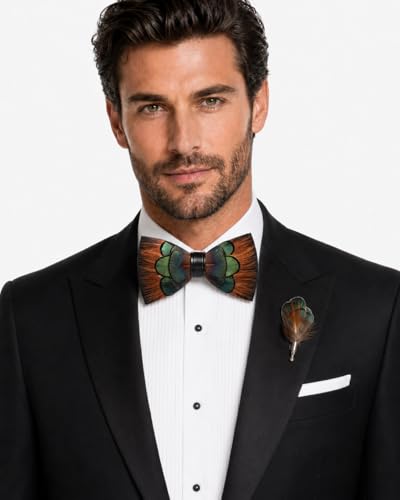 RBOCOTT Handmade Feather Pre-tied Bow tie and Brooch Sets for Men - color: Orange/Green