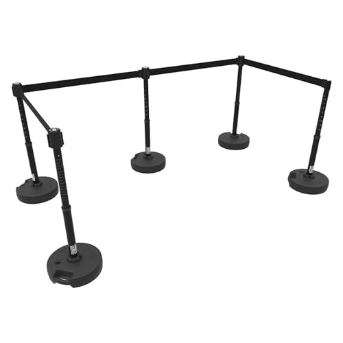 Banner Stakes Crowd Control Plus 15' Retractable Belt Barrier Stanchion Set X5, Covers 60' - Black Blank Banner, 22"-42" Plastic Adjustable Post, Fillable Base (PL4504) - color: Black, size: 60'