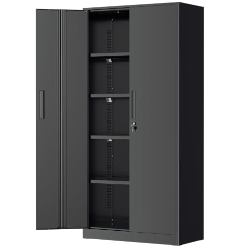 Greenvelly Storage Cabinet, 72” Black Garage Steel Locking Cabinet with Doors and 4 Adjustable Shelves, Tall Lockable File &Tool Cabinet for Home Office, Metal Classroom Cabinet Basement - color: Black, style: 72"H