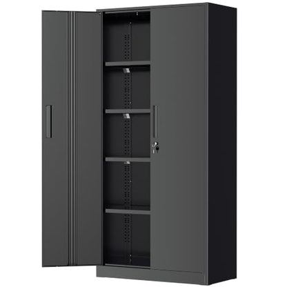 Greenvelly Storage Cabinet, 72” Black Garage Steel Locking Cabinet with Doors and 4 Adjustable Shelves, Tall Lockable File &Tool Cabinet for Home Office, Metal Classroom Cabinet Basement - color: Black, style: 72"H