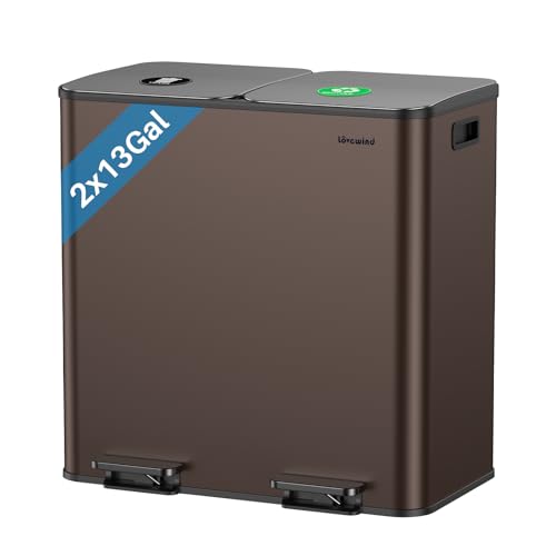 Dual Trash and Recycling Bins for Kitchen, 2×13 Gallon (2× 50L) Stainless Steel Trash and Recycle Bin Combo with Soft-Close Lid, Large Garbage Cans for Kitchen Home with 2 Magnets Sticker, Brown - color: Brown