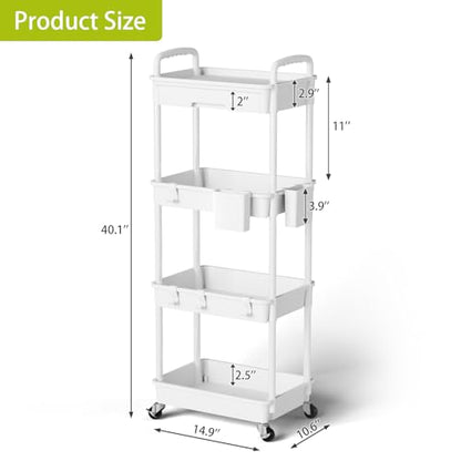 Sorgion 4 Tier Rolling Cart Organizer,Art Craft Diaper Bedside Snack Laundry Room Bathroom Organizer Narrow Thin Slim Rolling Trolley Utility Cart with Wheels for Kitchen,Office(White) - size: 4Tier-White