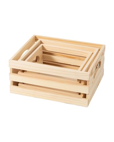 Set of 3 Rustic Wooden Nesting Crates with Handles, Decorative Wood Crates, Crate Box Wooden Storage Box for Kitchen, Office, Bedroom, Closet, Rustic Country Decor