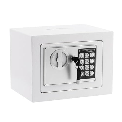 Small Safe Box With Digital Keypad & Keys - 9.05 x 6.7 x 6.7 Inches Wall Safe 0.23 Cuft Mini Security Lock for Coin Home Office Hotel Rooms Business Jewelry Gun (White) - color: White
