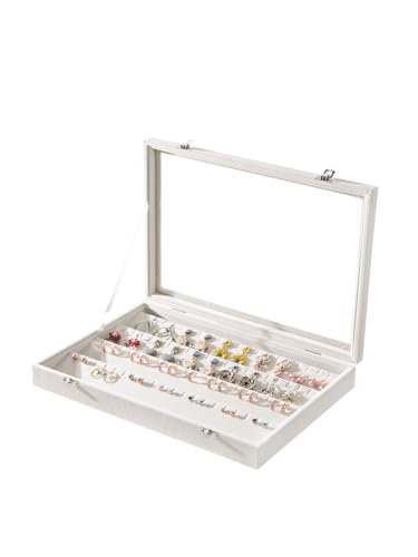 Coward Earring Organizer Tray Box, Beige Velvet Earring Jewelry Display Storage Tray Case with Transparent Glass Lid for Home Drawer or Shop Selling - color: Beige Velvet, size: Earring Box