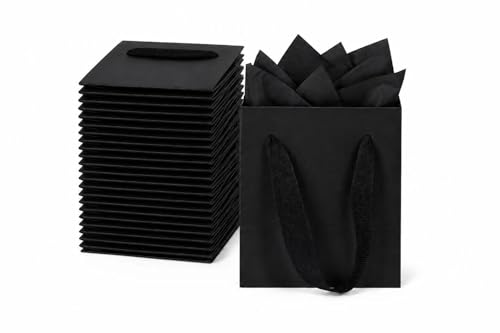 Treelement 22 Pack 4.7×2.3×6.3 Inch Small Black Gift Bags with Tissue Paper - color: Black